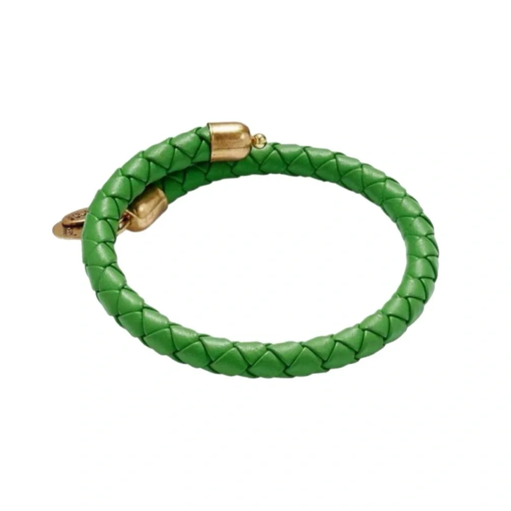 Alex & Ani Women’s Green Leather Braided Wrap Gold Tone Bracelet With Dust Bag